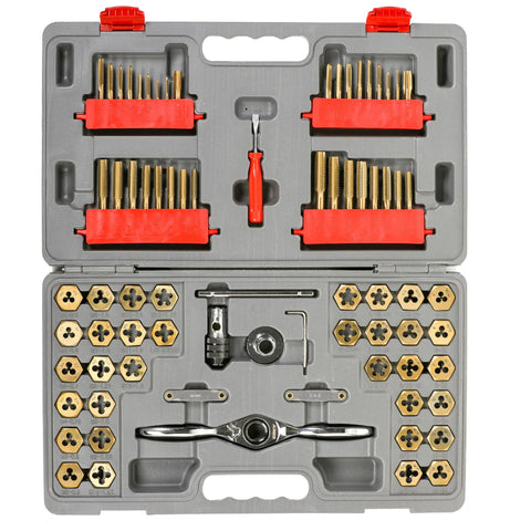 Master Ratcheting Tap And Die Set With Metric And SAE Sizes For Creating And Repairing Threads Titanium Coated Finish in case