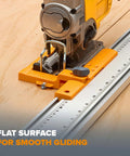 Clamp Edge Jigsaw Guide for Straight Cuts and Steady Tracking, fits most jigsaws, attached to a jigsaw on a wooden surface