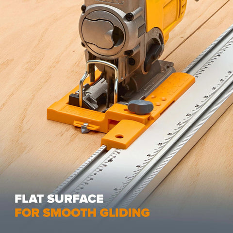 Clamp Edge Jigsaw Guide for Straight Cuts and Steady Tracking, fits most jigsaws, attached to a jigsaw on a wooden surface