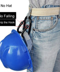 Flexible Over The Seat Hard Hat Rack Holder attached to a waistband, holding a blue hard hat securely.