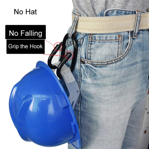 Flexible Over The Seat Hard Hat Rack Holder attached to a waistband, holding a blue hard hat securely.
