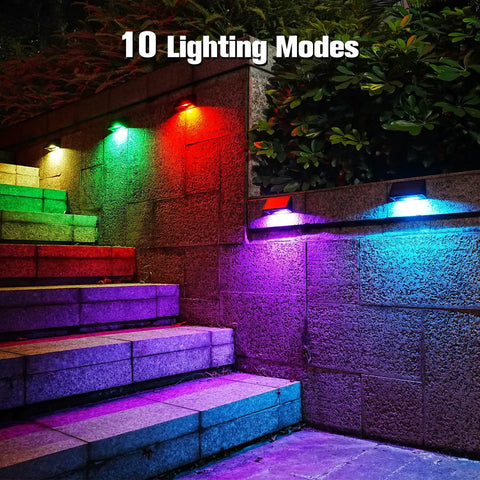 Solar Fence Post Lights 6 Pack With 8 Color Options illuminating stairs in colorful LED lights