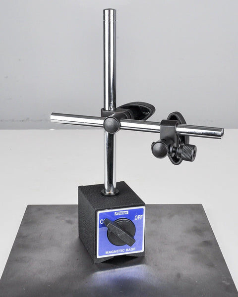 Fowler magnetic base with chrome vertical post, horizontal arm, and blue control panel