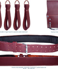 Pro-Grade Full-Grain Leather Tool Belt Rig in Maroon with D-ring loops and hammer holder for carpentry and roofing work.