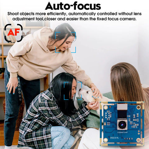 8MP USB Camera With Autofocus For PC, Raspberry Pi And Laptop, UVC 2.0 Mini Webcam Board with IMX179 Sensor displayed with women and dog.