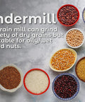 Variety of grains suitable for WonderMill electric grain mill next to text about grains and nuts limitations