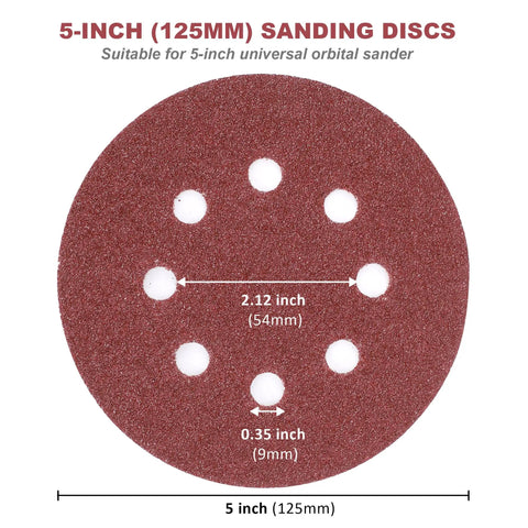 5-inch sanding disc with 8 holes for orbital sanders, measuring dimensions, part of the 200-Piece 5-Inch Sanding Discs Set With 8-Hole Hook And Loop Orbital Sandpaper Assorted Grit Pack Includes 40 60 80 100 120 150 180 240 320 400 600 800 1000 Grits For Woodwork And Metal Finishing Great For DIYers