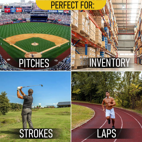 Slick Digital Tally Counter With Up And Down Clicker For Golf Laps Knitting And Crowd Counting Hella Fast Reset and images showing pitches, inventory, strokes, and laps.