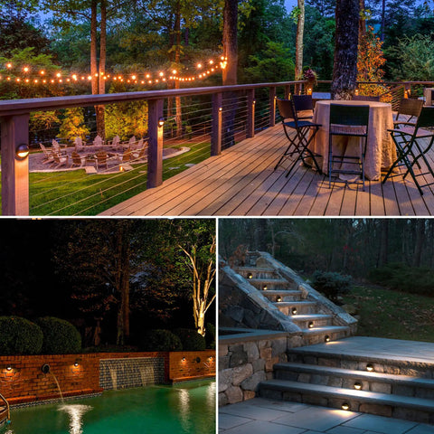 12 Pack Low Voltage LED Deck Lights With FastLock2 Connectors illuminating deck, stairs, and garden; warm white, anti-glare design