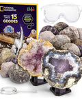 Crack Open 15 Premium Geodes Science Kit With Goggles And Three Display Stands, featuring uncracked and open geodes with crystals.