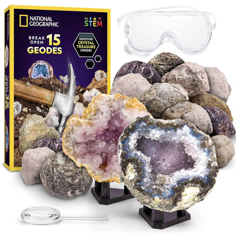 Crack Open 15 Premium Geodes Science Kit With Goggles And Three Display Stands, featuring uncracked and open geodes with crystals.