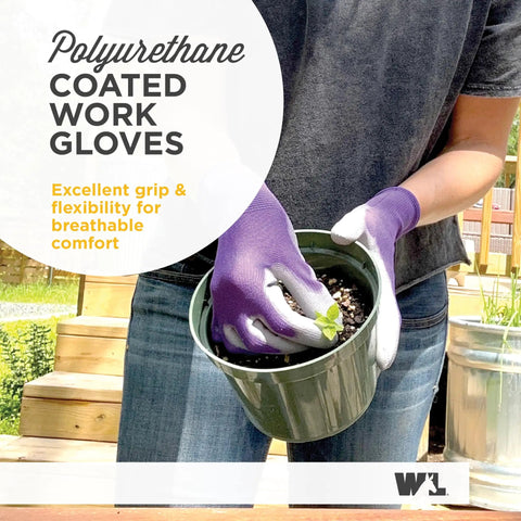 Woman wearing purple Women Garden Gloves With All Day Comfort Breathable Polyester Shell And Seamless Fit PU Coated Palm
