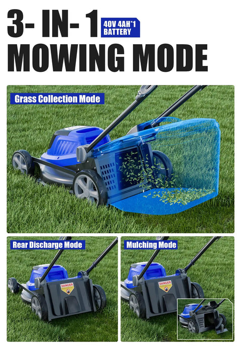 40V 16 Inch Brushless Electric Cordless Lawn Mower For Small Yards With Easy Start, Quiet Operation, And Wide Cutting Path For Quick, Hassle Free Lawn Care That Makes Mowing A Breeze, 3-in-1 modes