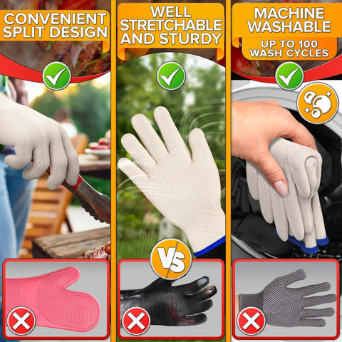 Aramid Heat Resistant Cooking Gloves For Indoor And Outdoor Use Perfect For Baking Grilling Pot Handling And Smoking Up To 896 Degrees Fahrenheit White Kitchen Oven Mitts shown in comparison with other glove types highlighting convenience, stretchability, and washability features.