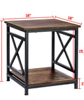 Smooth Industrial Side Table With Built Tough X Frame And Rustic Brown Wood Top Offers Two Tier Storage Shelf, 20" height, 18" width.