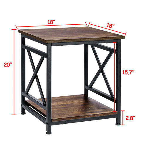 Smooth Industrial Side Table With Built Tough X Frame And Rustic Brown Wood Top Offers Two Tier Storage Shelf, 20" height, 18" width.