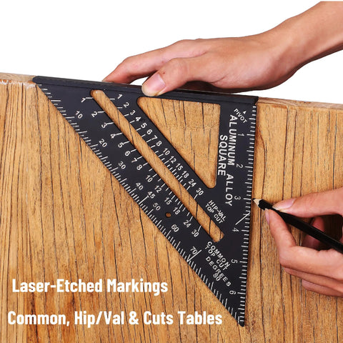 7 Inch Aluminum Rafter Square For Carpentry held against wood for marking angles, laser-etched gradations visible