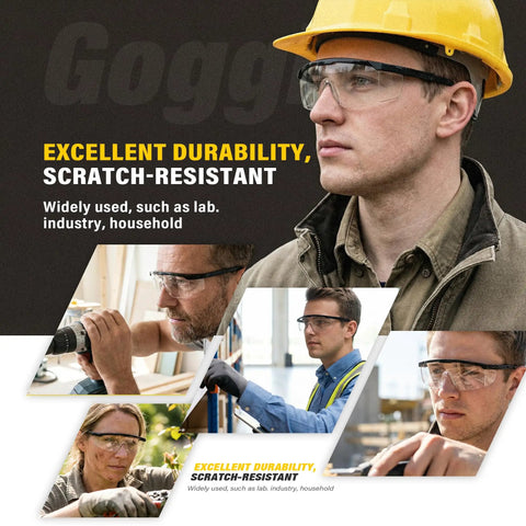 Built Like A Tank 12 Pack Safety Glasses With Anti Fog Coating And UV Protection Scratch Resistant Polycarbonate Lenses All Day Adjustable Fit For Rough Crews Outdoors worn by workers outdoors in various settings.