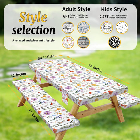 Picnic Table Cover With Bench Covers For 6 Foot Rectangular Tables Elastic Fitted Waterproof Washable Outdoor Tablecloth Floral Watercolor Wildflower Print No Fuss Cleanup For Garden Patio Camping, shown on a wooden picnic table with dimensions.
