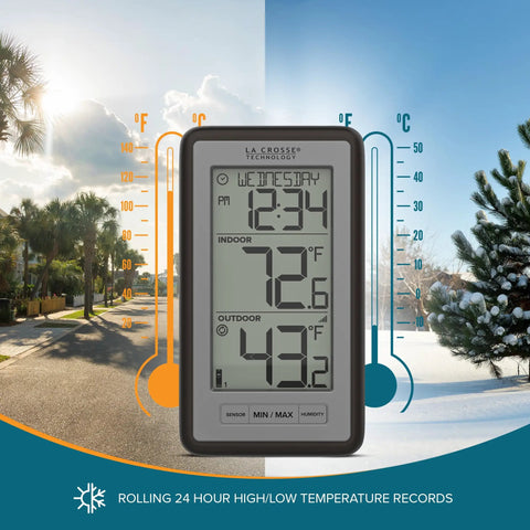 Indoor Outdoor Thermometer With Wireless Sensor, Humidity Monitor, And 24 Hour Display for dual seasons view.