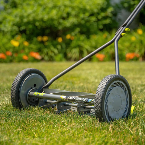 16-Inch 7-Blade Push Reel Lawn Mower with ball bearing reel and 10-inch composite wheels on Bermuda grass