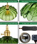 Chic Green Glass Swag Lamp With Inline Switch Plug In Pendant Fixture For Kitchen Island Bedroom Dining And Living Room Cozy Vintage Floral Hanging Decor top view of exclusive patterned glass shade with gold detailing