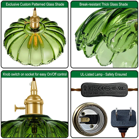 Chic Green Glass Swag Lamp With Inline Switch Plug In Pendant Fixture For Kitchen Island Bedroom Dining And Living Room Cozy Vintage Floral Hanging Decor top view of exclusive patterned glass shade with gold detailing