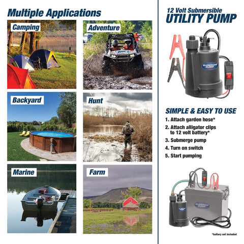 12 Volt Utility Pump With 20 Foot Cord And Battery Clips, High Capacity 1380 GPH Water Transfer Pump use in various applications
