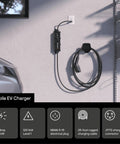 Portable EV Charger With 12 Amp Output, 25 Ft Rugged Cable, SAE J1772 Connector, Indoor Outdoor Use, 120V NEMA 5 15 Plug on garage wall