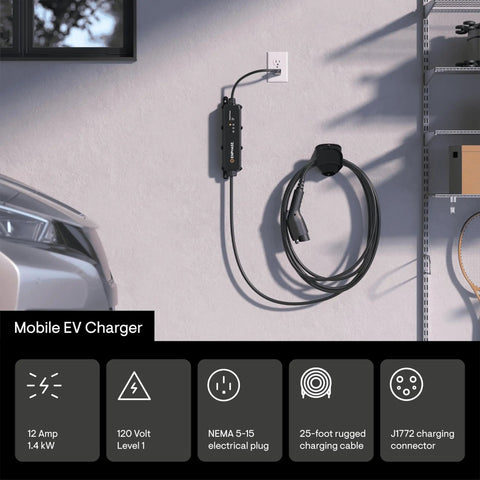 Portable EV Charger With 12 Amp Output, 25 Ft Rugged Cable, SAE J1772 Connector, Indoor Outdoor Use, 120V NEMA 5 15 Plug on garage wall