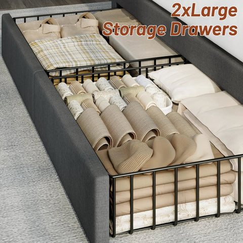 Top Shelf King Size Bed Frame With Four Sleek Rolling Storage Drawers And Wing Headboard In Charcoal Dark Grey content in large storage drawers
