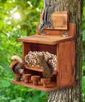 Wooden Squirrel Picnic Table Feeder With Durable Solid Frame Clear Acrylic Feeding Panel Top Door Access Corn Cob Friendly backyard stable design with squirrels on tree