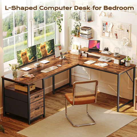 Dope 63 Inch L Shaped Desk With Built In Power Outlets And USB C Port For Home Office Corner Setup Computer Desk Rustic Brown