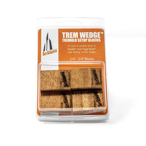 Hella Solid Floating Tremolo Setup Blocks For Quick Guitar Tuning And Deck Leveling Zero Hassle Premium Luthier Gear Strat Style Bridge Stabilizer Wedges in packaging with 4 mahogany blocks.