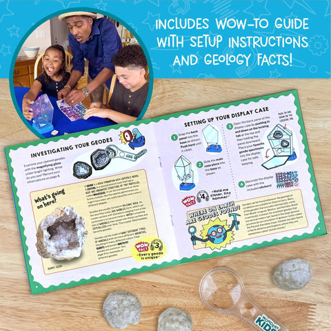 Real Break Open Crystal Geodes Kit With Display Case And Bonus Goggles And Magnifying Glass Companion Audio Content STEM Toy For Kids 6 Plus To Dig Explore Collect And Show Off Their Geode Finds, guide page and geodes