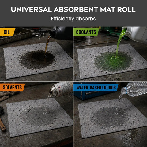 Get That Spill Ready Universal Absorbent Mat Roll 15 Inches By 50 Feet for shops absorbing oil, coolant, solvents, and water-based liquids.