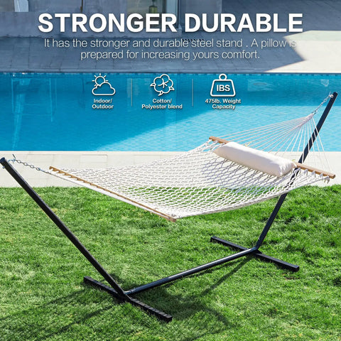 Double Rope Hammock With Stand Included, 12ft Heavy Duty Stand, 2 Person Traditional Cotton Rope Hammocks With Pillow