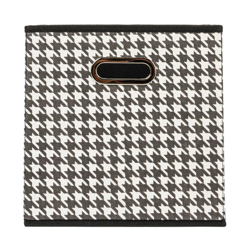 6-Pack Foldable Fabric Storage Bins featuring Fresh Houndstooth Pattern Reinforced Sides Closet Cubes for Nurseries and Kids Rooms White Black Non-Woven Material for Clothes and Toys, close-up view of bin with houndstooth design.