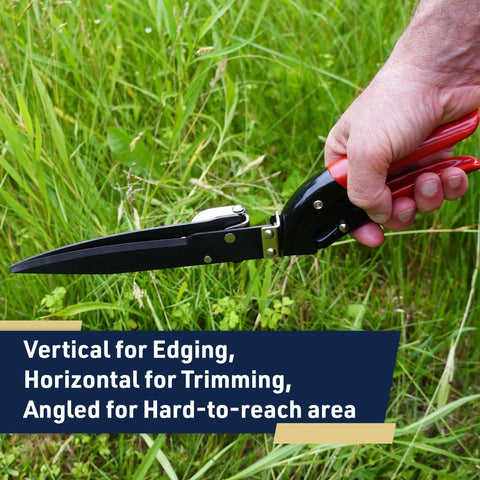 Rotating Handle Grass Shears For Precision Edging And Hedge Trimming, shown in hand with green grass backdrop.