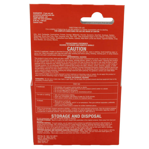 Back label of Indoor Outdoor Bug Killer Concentrate Makes 2 Gallons From 2 Oz Liquid Kills Roaches showing instructions and caution.