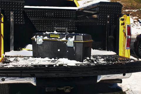 Heavy Duty Portable Tool Box With Structural Foam 28 Inch Water Resistant Chest on truck bed in snowy environment