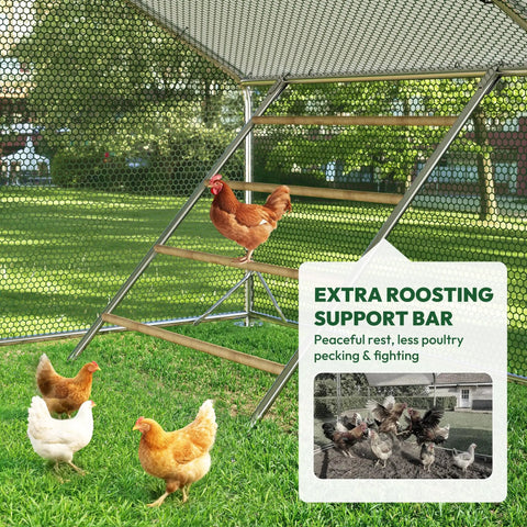 Extra Large Metal Chicken Run For Yard With Feeding Door And Walk In Design 26 By 10 By 6.6 Feet Outdoor Poultry Cage shown with perch.