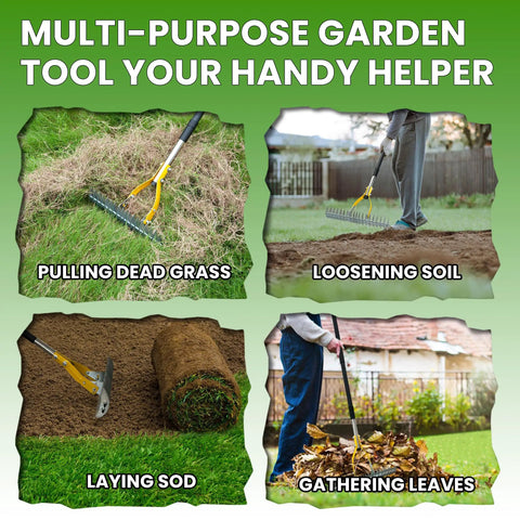 Multi-purpose garden tool in use for pulling dead grass, loosening soil, laying sod, and gathering leaves.