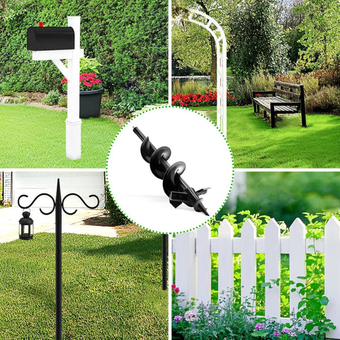 Heavy Duty Garden Auger Drill Bit Shredding Rocky Clay Dirt Like Hot Butter shown in a garden setting with various landscaping features.