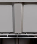 Close-up of Heavy Duty NSF Bin Rack with steel shelves and gray removable bin.