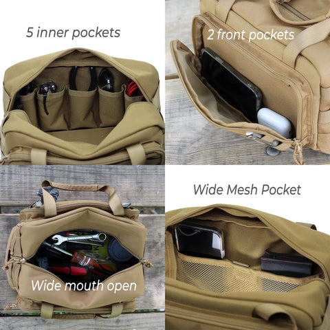 Heavy Duty 12 Inch Tool Bag For Mechanics Electricians Car Enthusiasts And DIYers with pockets and compartments, beige color