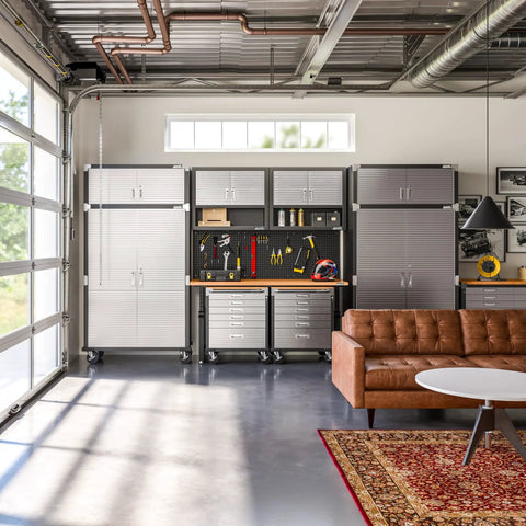 Heavy Duty Rolling Cabinet Workbench With Solid Wood Top, 6-Drawer Soft Close in a garage setup with cabinets