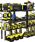 Heavy Duty Wall Mounted Power Tool Organizer Rack With Six Drill Holders For Cordless Drills Three Layer Metal Tool Storage For Garage Shop Black Finish loaded with tools and drills
