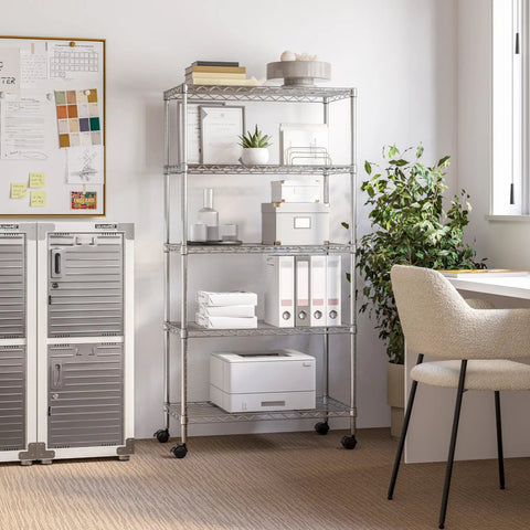 Five Tier Wire Shelving On Wheels With Adjustable Shelves In 1 Inch Increments And Leveling Feet, 30 In W X 14 In D, Chrome Plating, Plated Steel Storage Rack For Garage Or Kitchen Organization in office