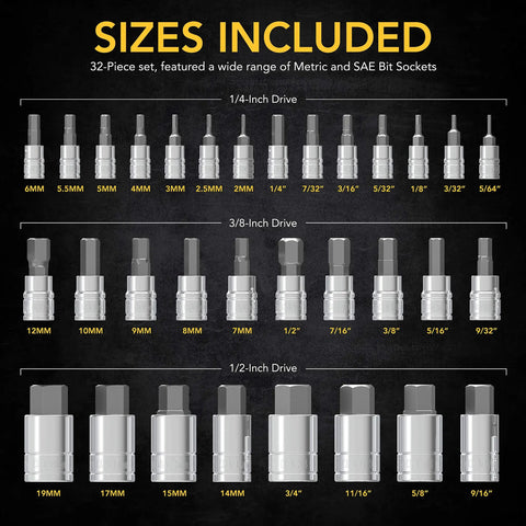 Beefy 32 Piece Hex Bit Socket Set With SAE And Metric Sockets, Hardened S2 Alloy Steel, showing various sizes included